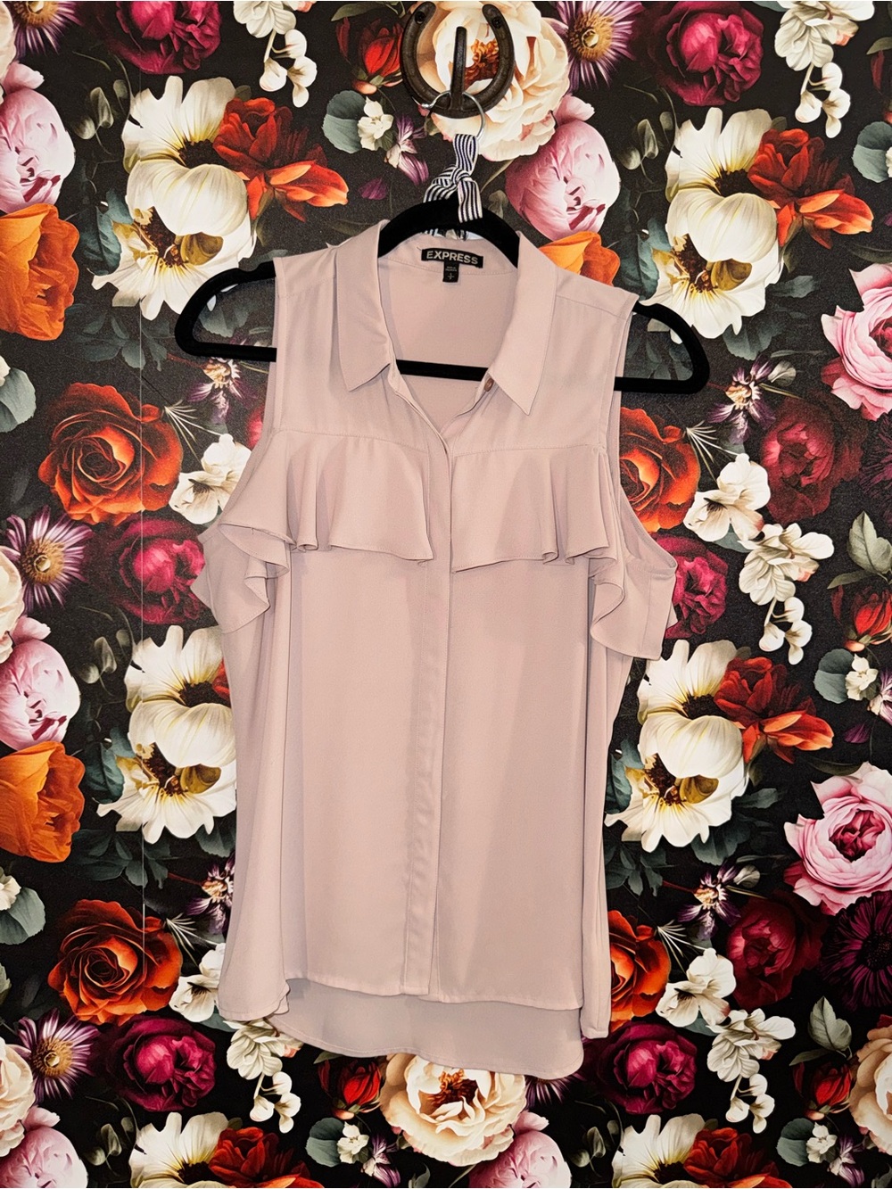 Express Blush Pink Ruffle Shoulder Button Up Blouse, Small
